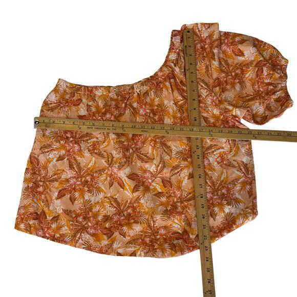 LOFT Linen One Shoulder Top Large NWT Floral Puff Sleeve Blouse Coastal Vacay - Picture 7 of 7